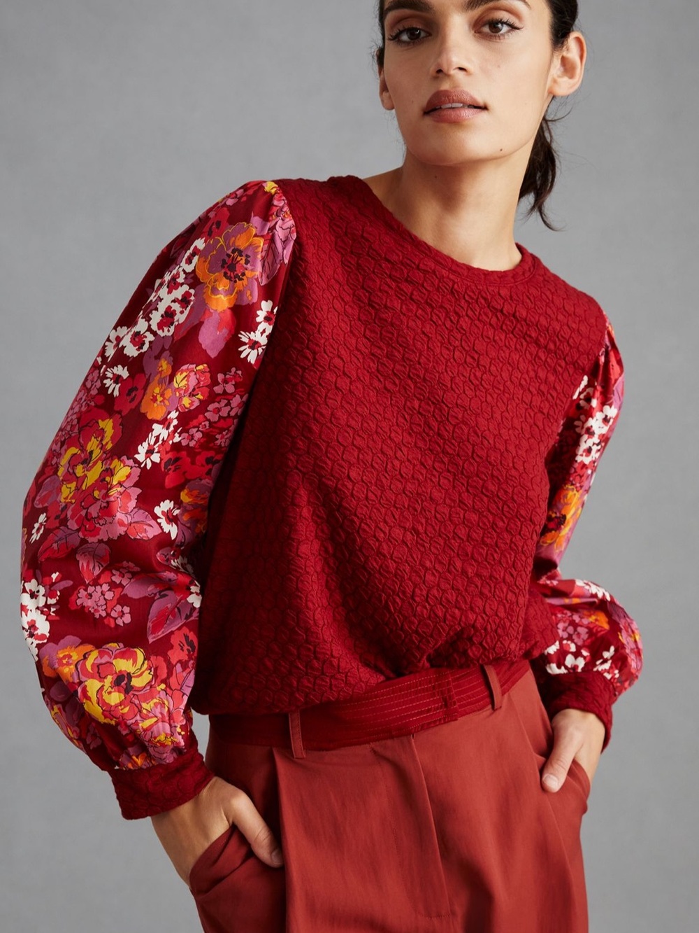 Anthropologie Porridge Textured Sweatshirt Floral Ballon Sleeves Boho Casual XS